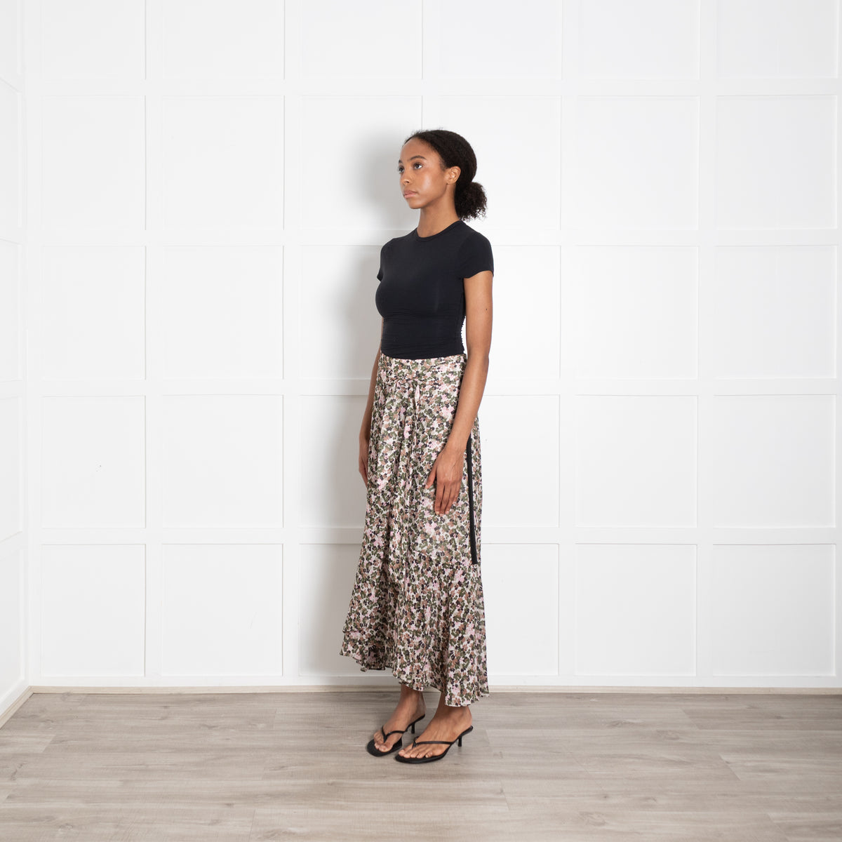 Me + Em Green Pink Brown Floral Tie Maxi Skirt