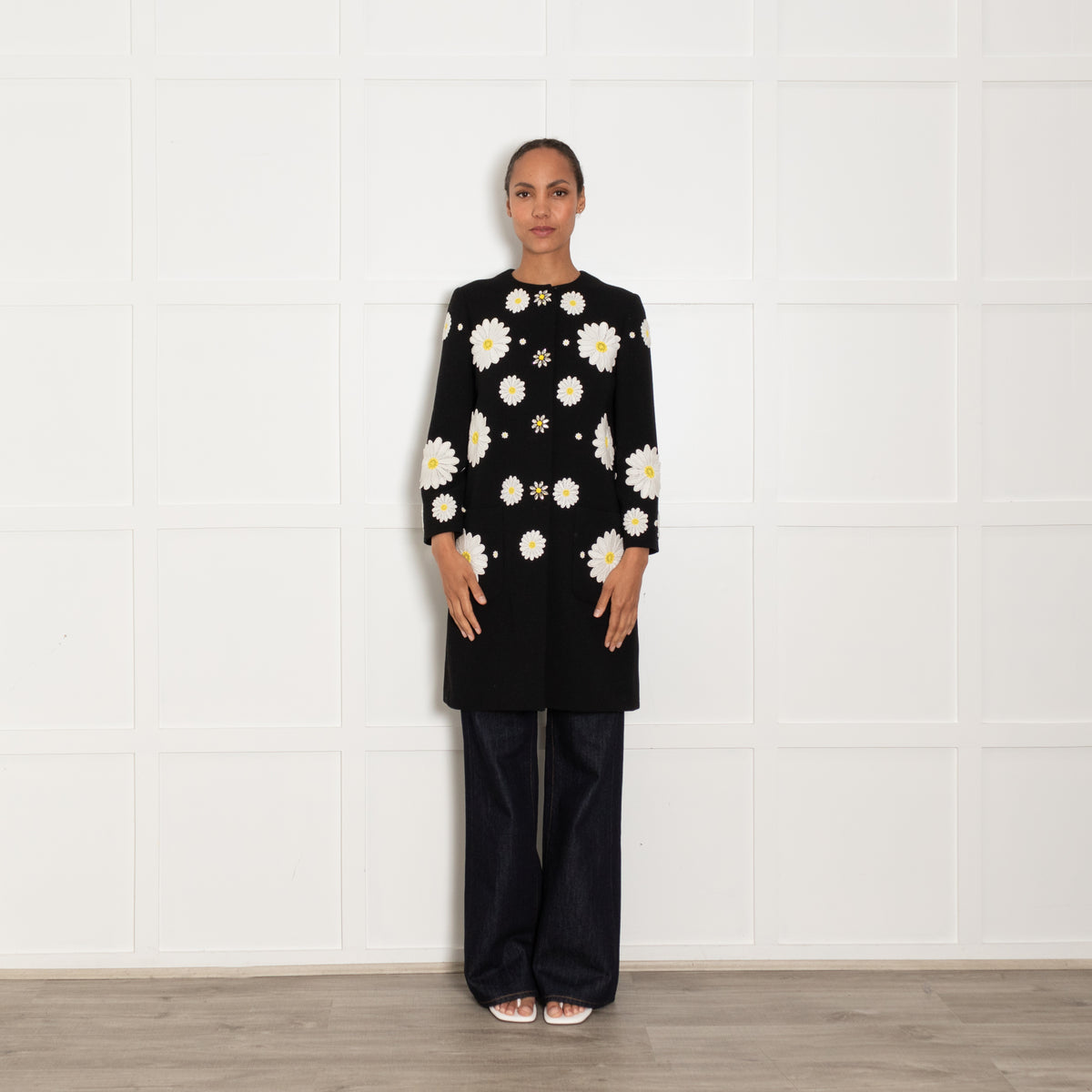Dolce & Gabbana Black White Daisy Embellished Coat