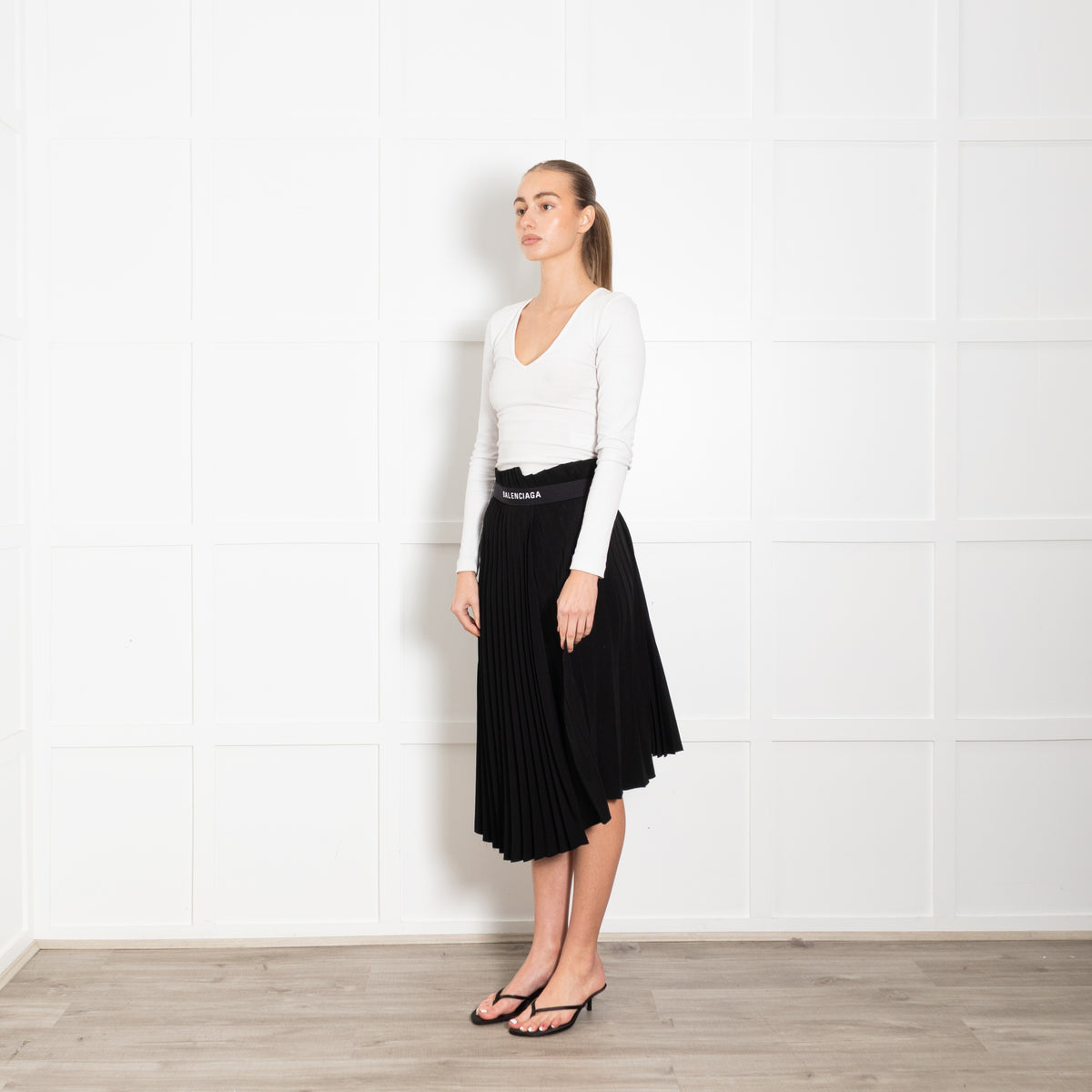 Balenciaga Black Pleated Logo Kilt Skirt