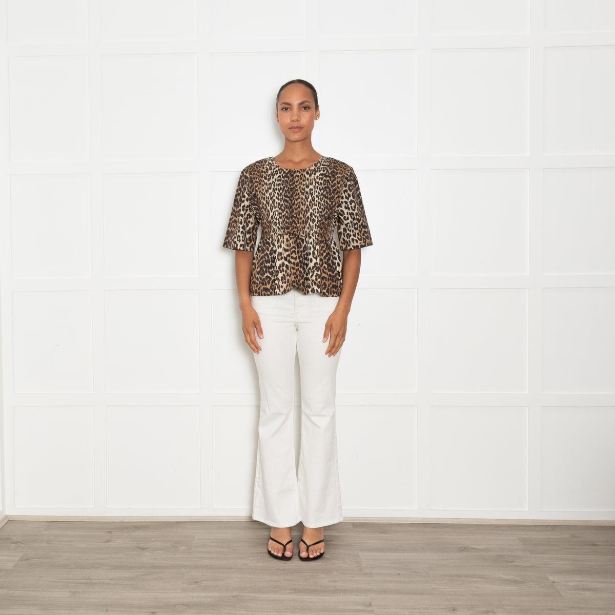 Ganni Leopard Smocked Short Sleeve Top