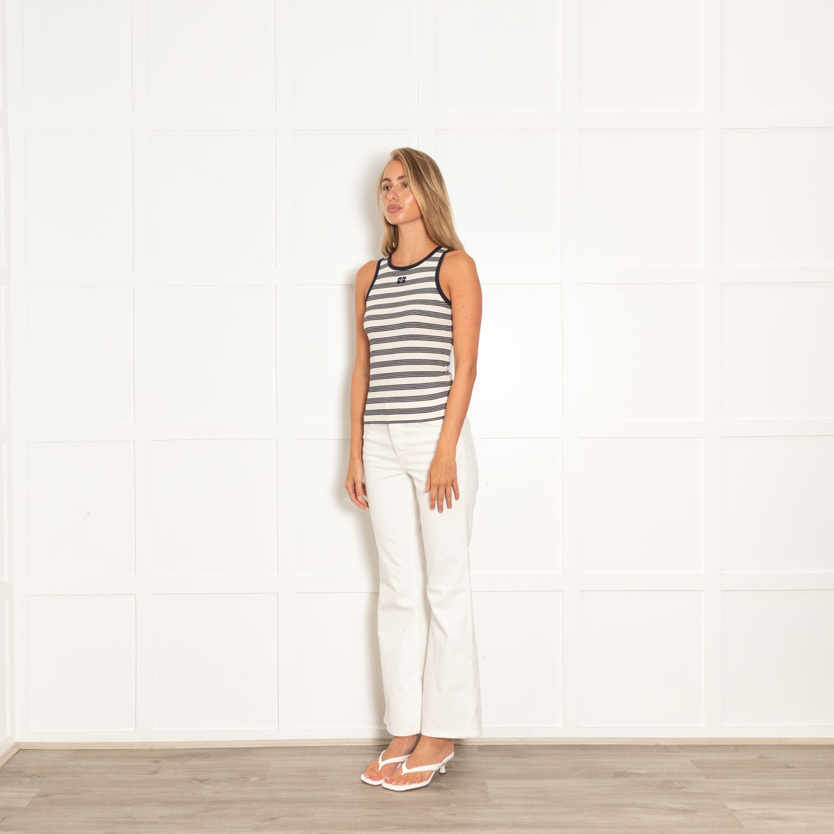 Ganni White And Navy Striped Racer Tank With Front Logo