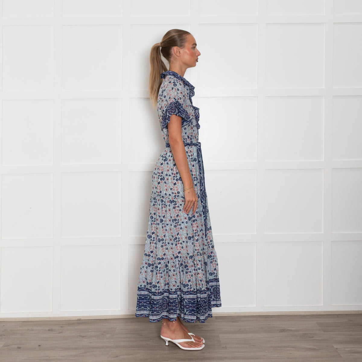 Mille Pale Blue Pink Floral Cotton Short Sleeve Maxi Dress