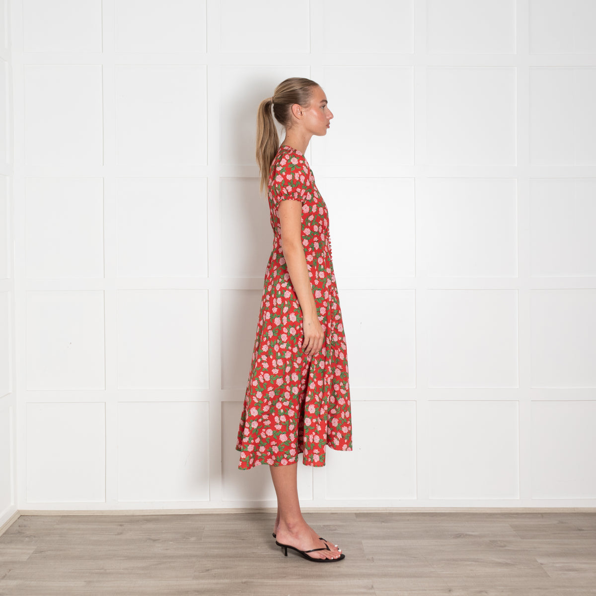 The Kooples Red Pink Green Floral Front Button Midi Dress
