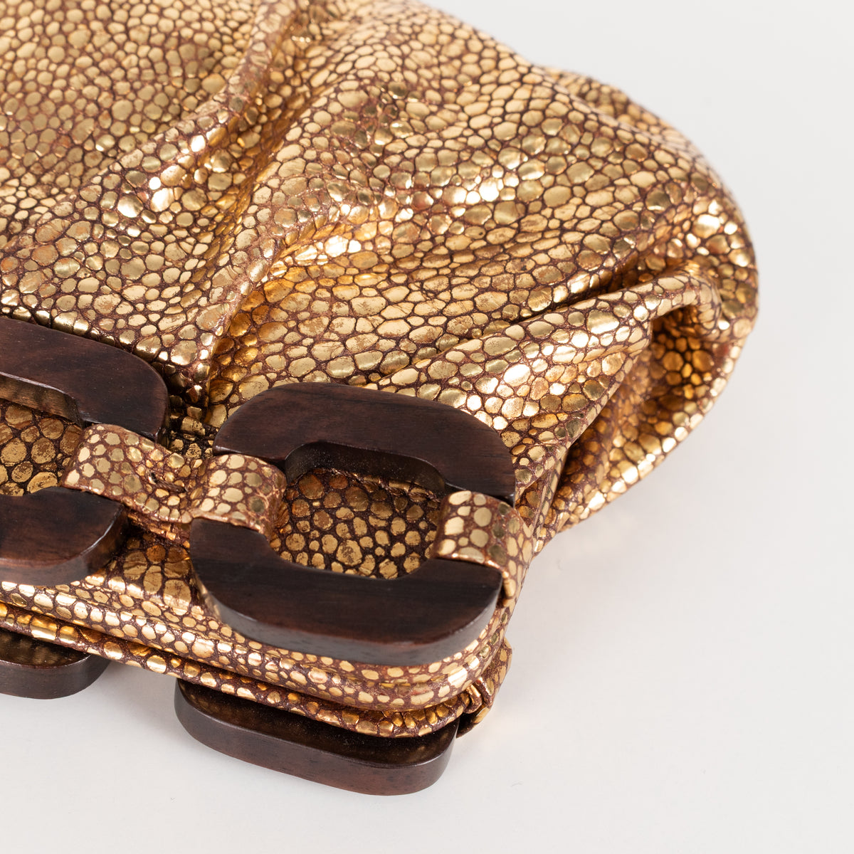Anya Hindmarch Gold Crinkle Clutch with Wooden Link Detail