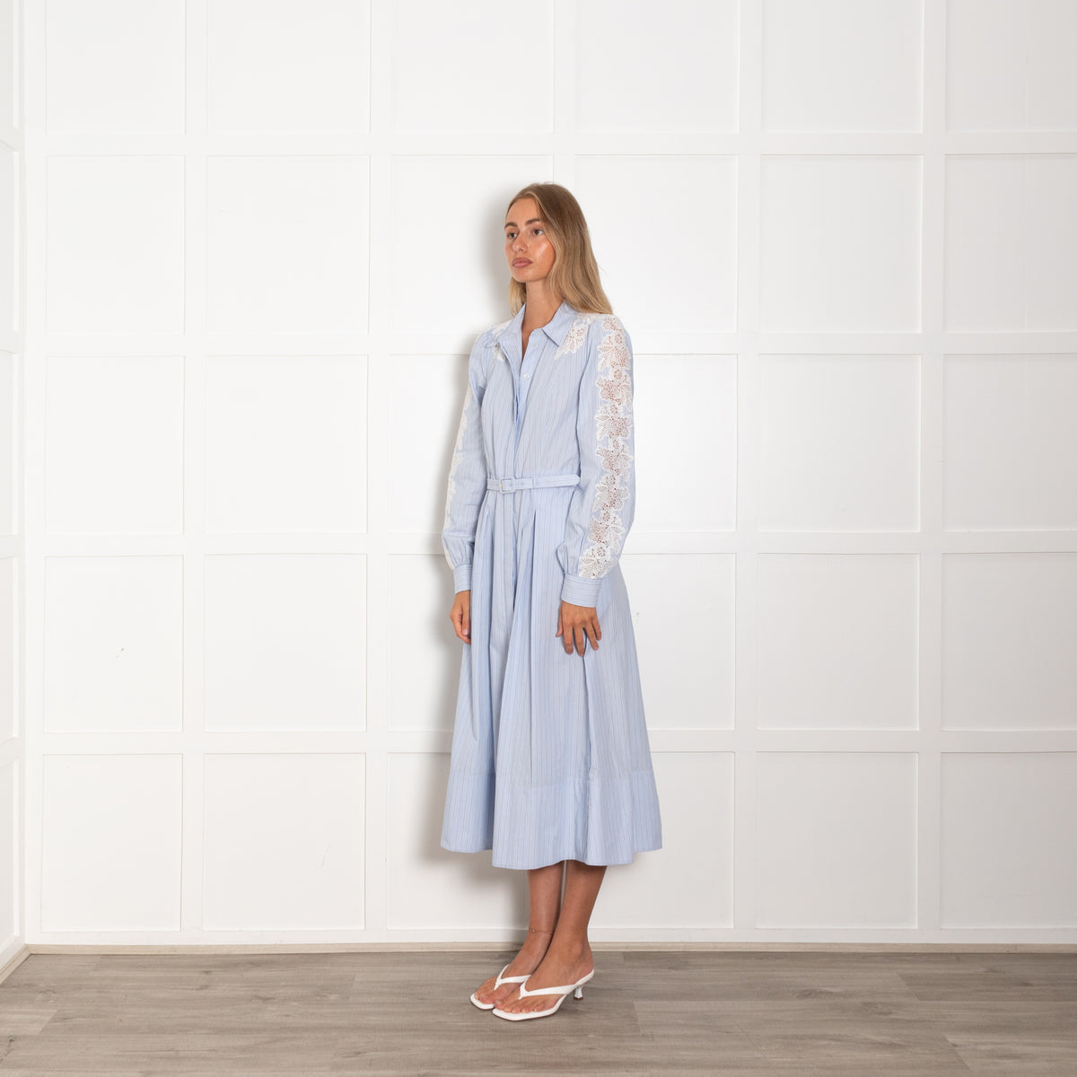 Me+Em Blue White Stripe Lace Detail Belted Shirt Dress