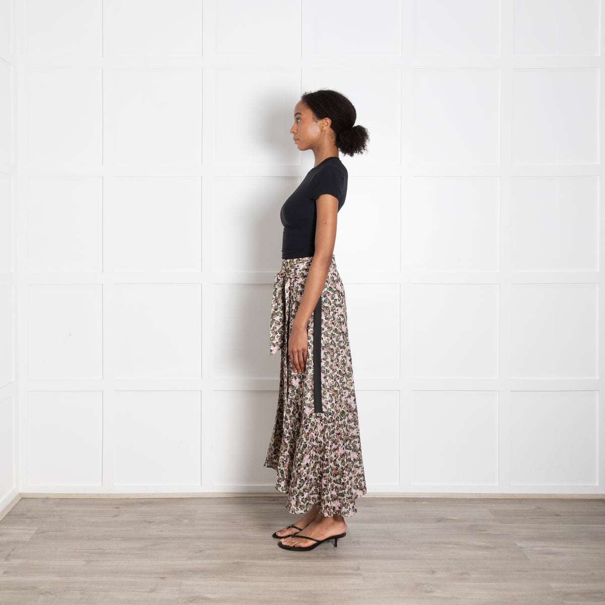 Me + Em Green Pink Brown Floral Tie Maxi Skirt
