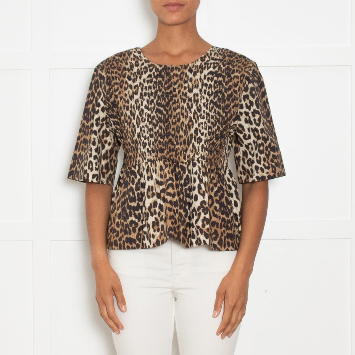 Ganni Leopard Smocked Short Sleeve Top