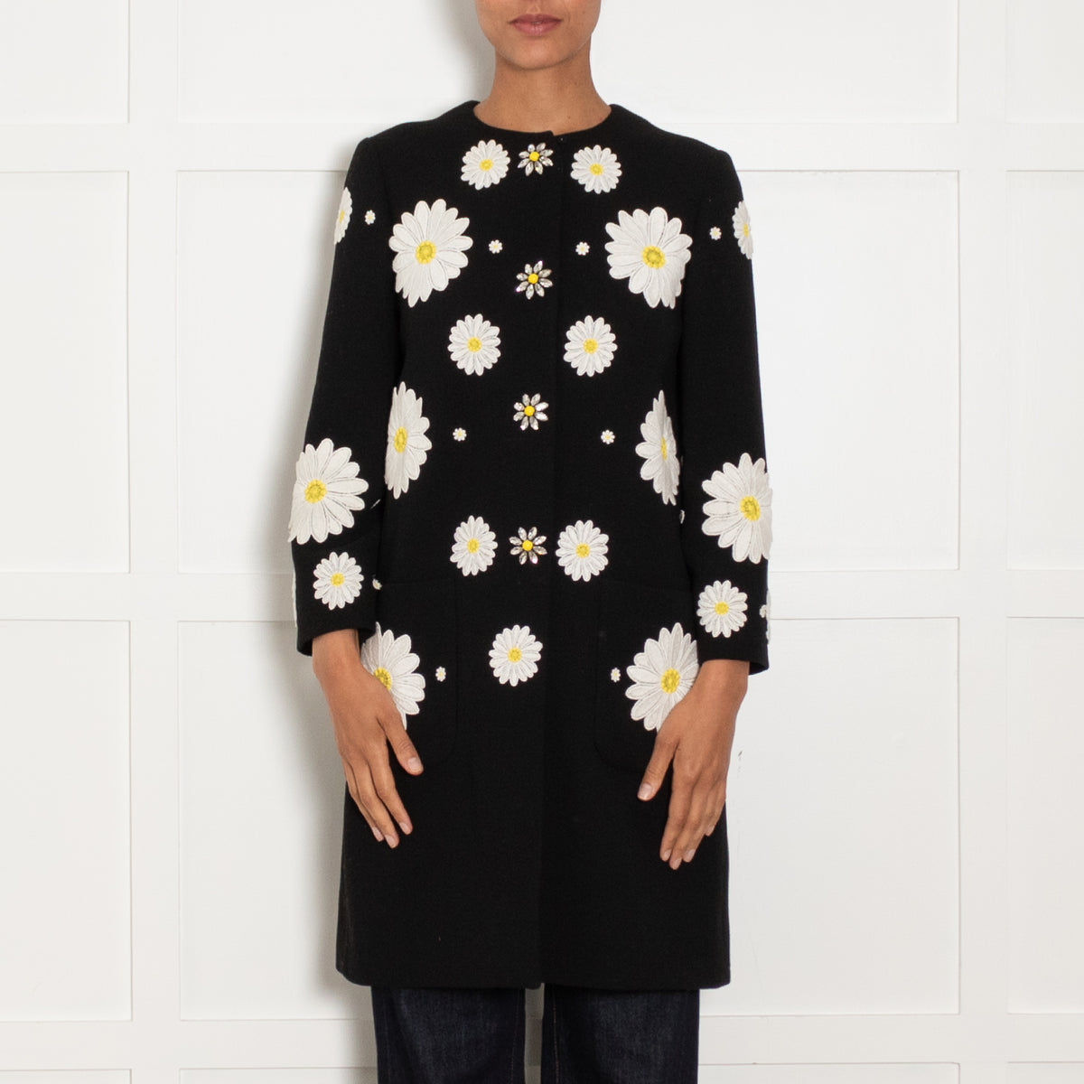 Dolce & Gabbana Black White Daisy Embellished Coat