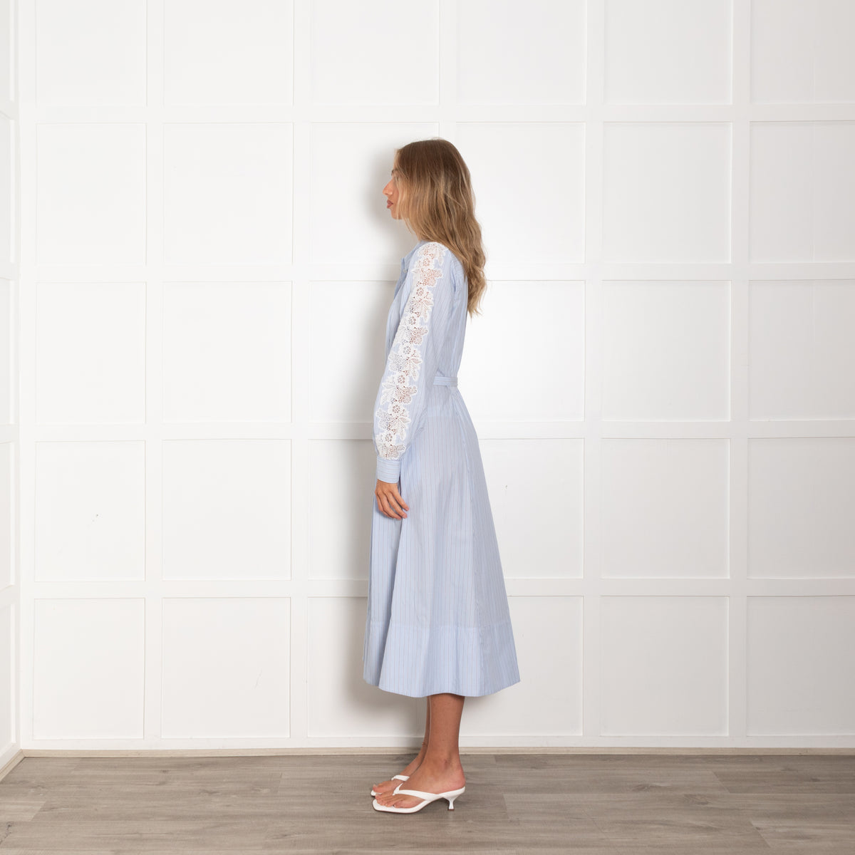 Me+Em Blue White Stripe Lace Detail Belted Shirt Dress