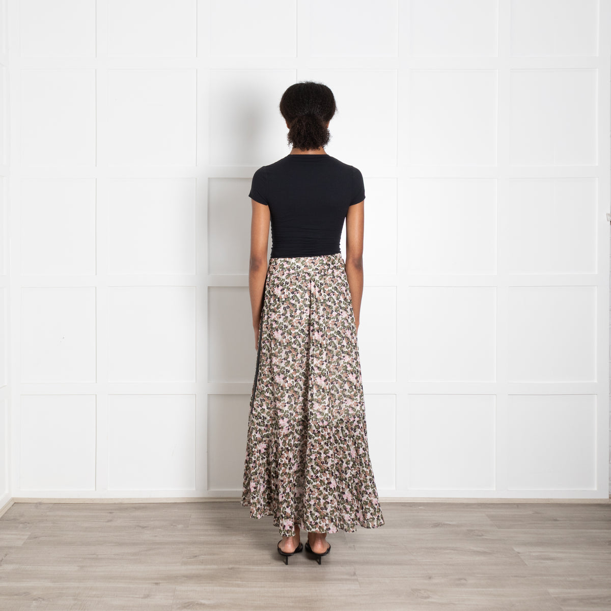 Me + Em Green Pink Brown Floral Tie Maxi Skirt