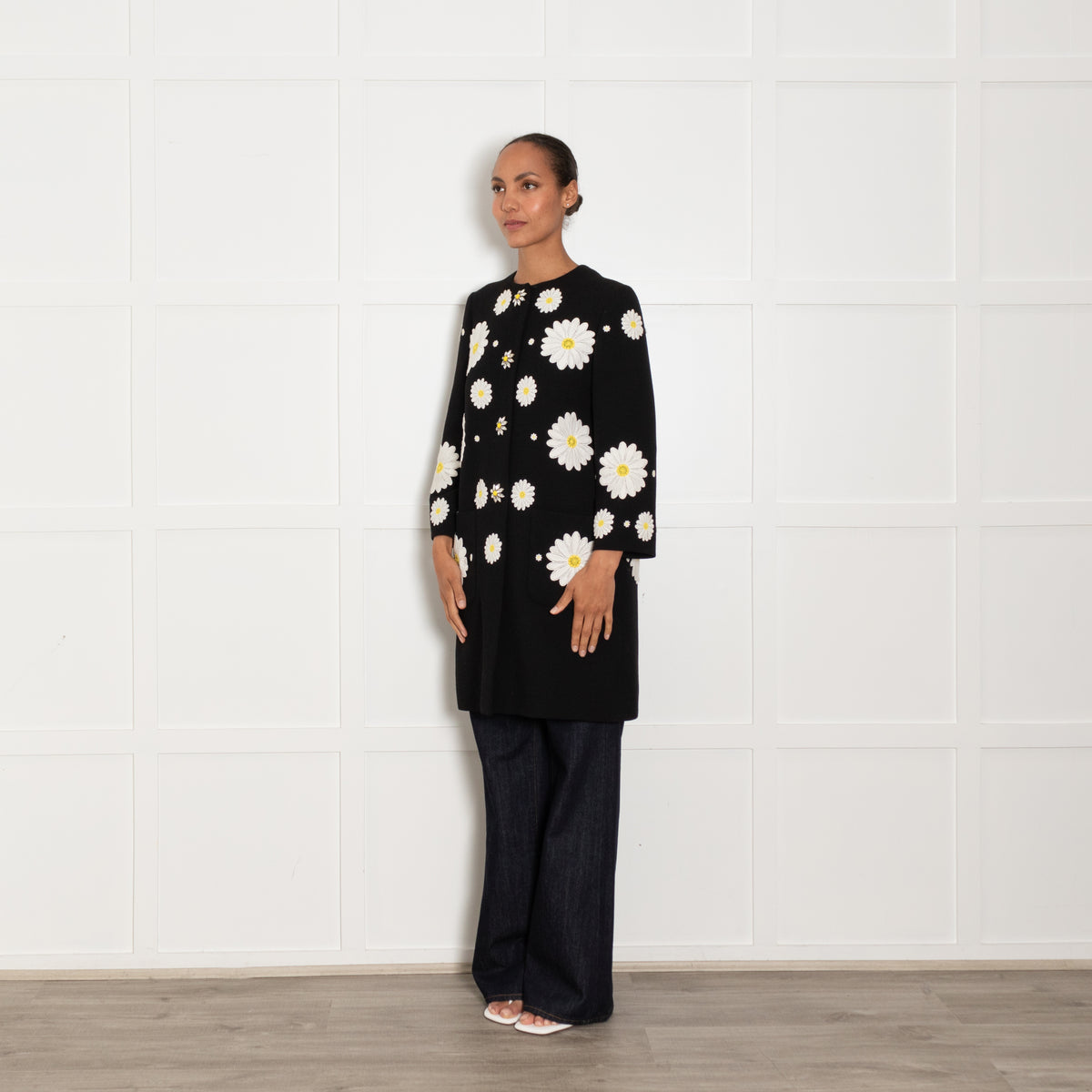 Dolce & Gabbana Black White Daisy Embellished Coat