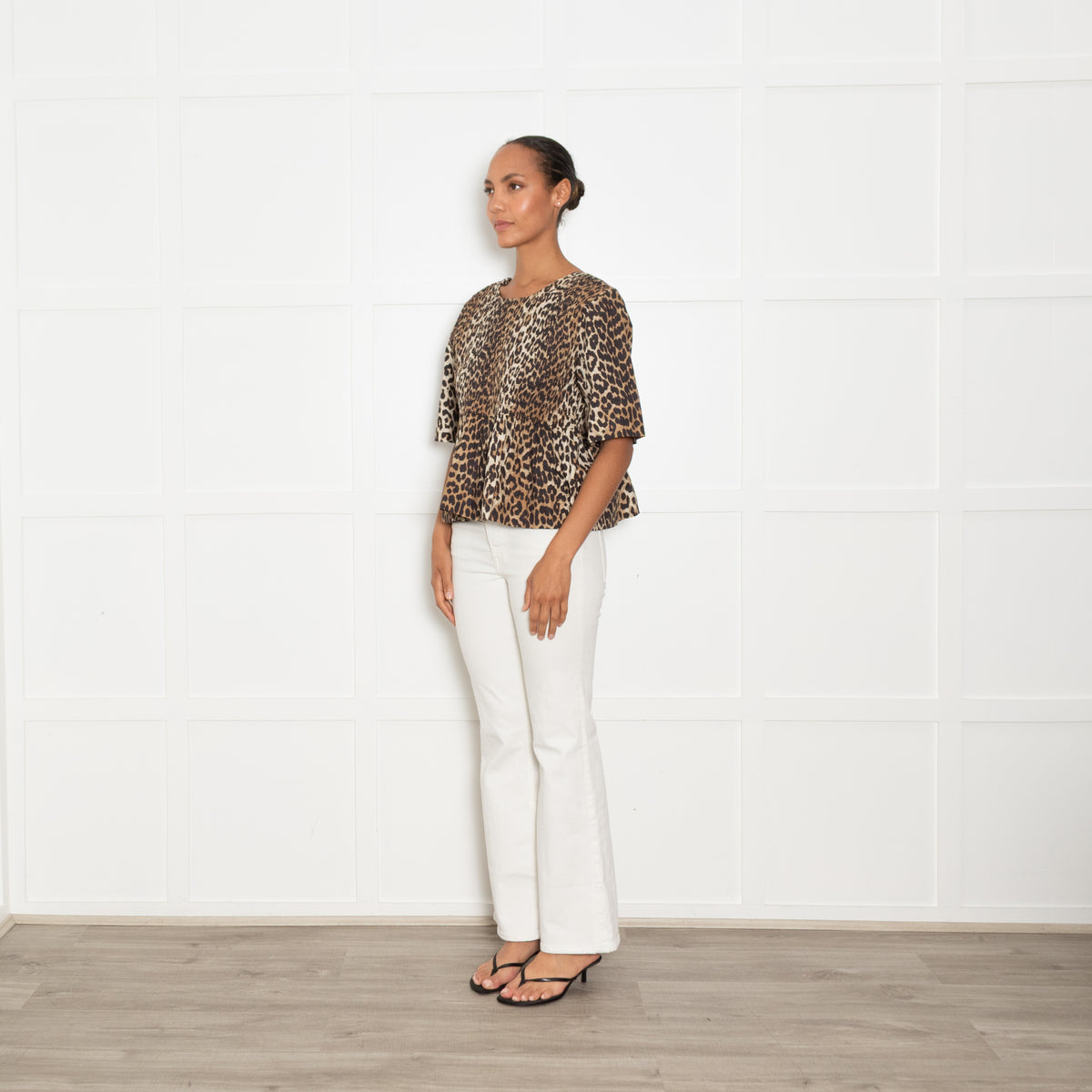 Ganni Leopard Smocked Short Sleeve Top