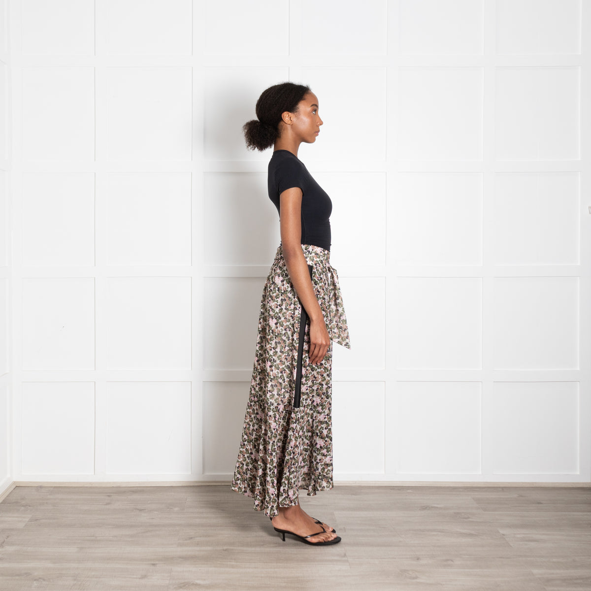 Me + Em Green Pink Brown Floral Tie Maxi Skirt