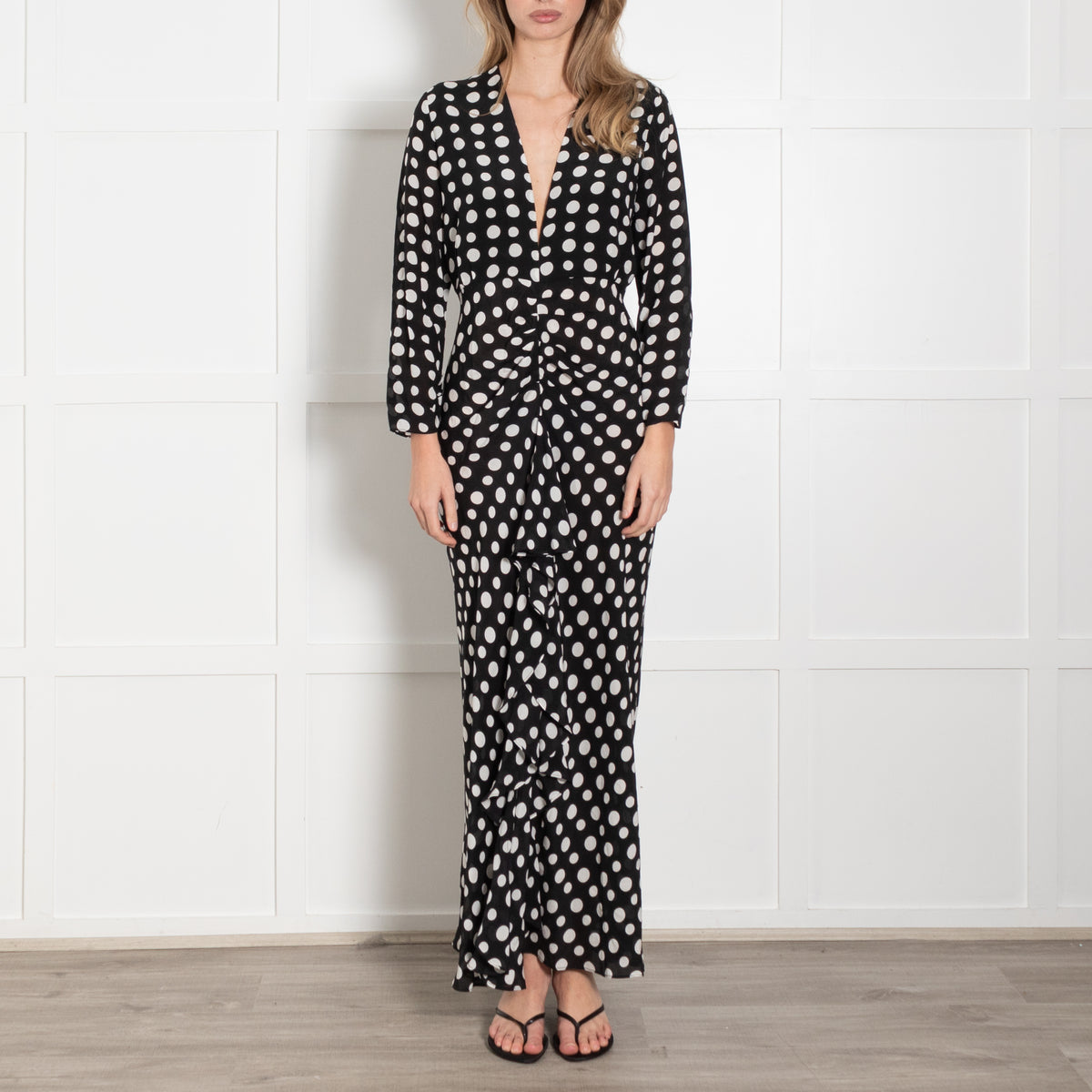 Rixo Black White Polka Dots Front Frill Detail Silk Maxi Dress