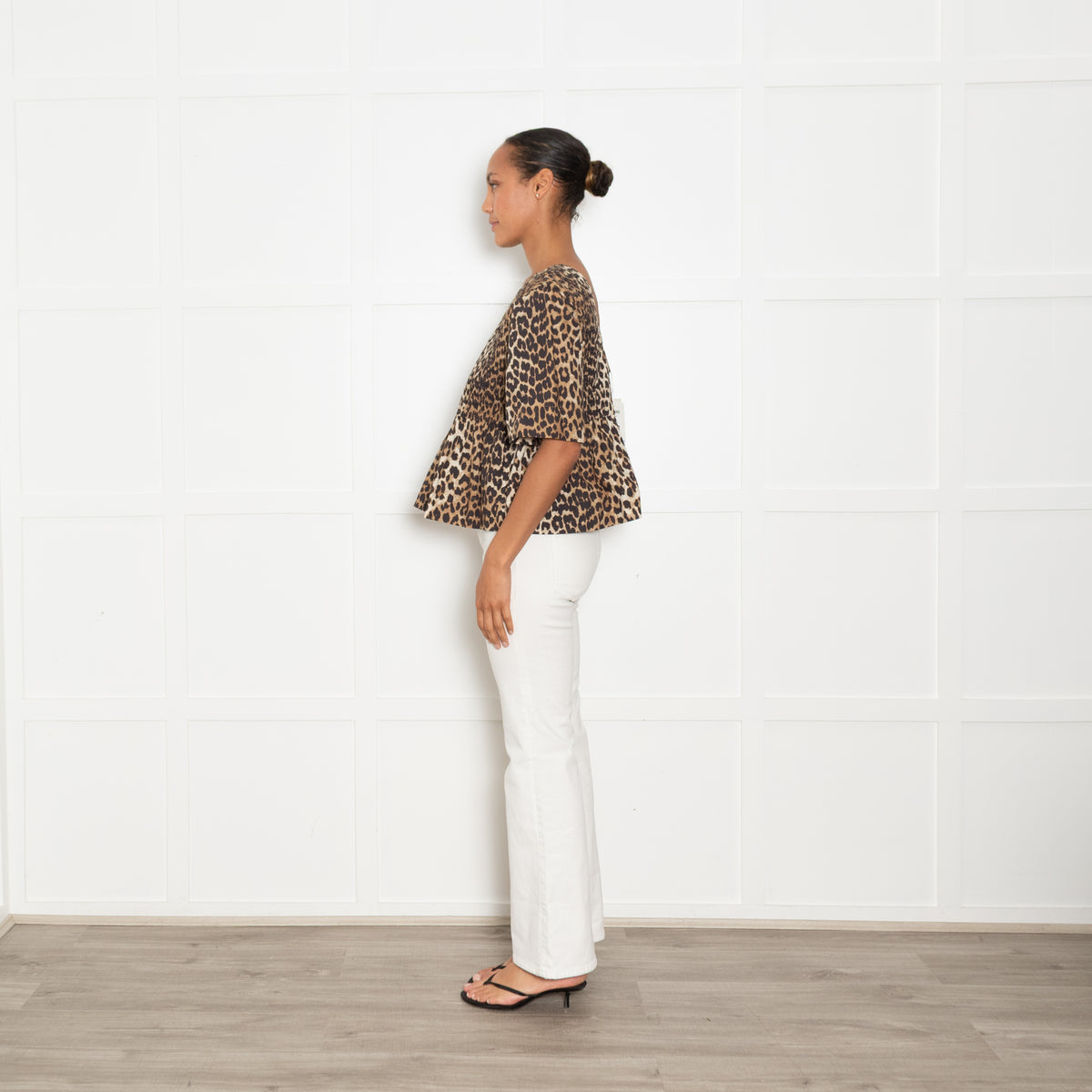 Ganni Leopard Smocked Short Sleeve Top
