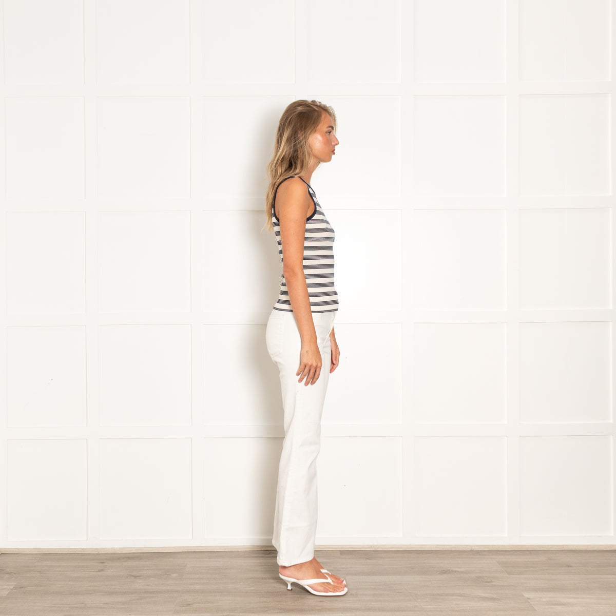 Ganni White And Navy Striped Racer Tank With Front Logo