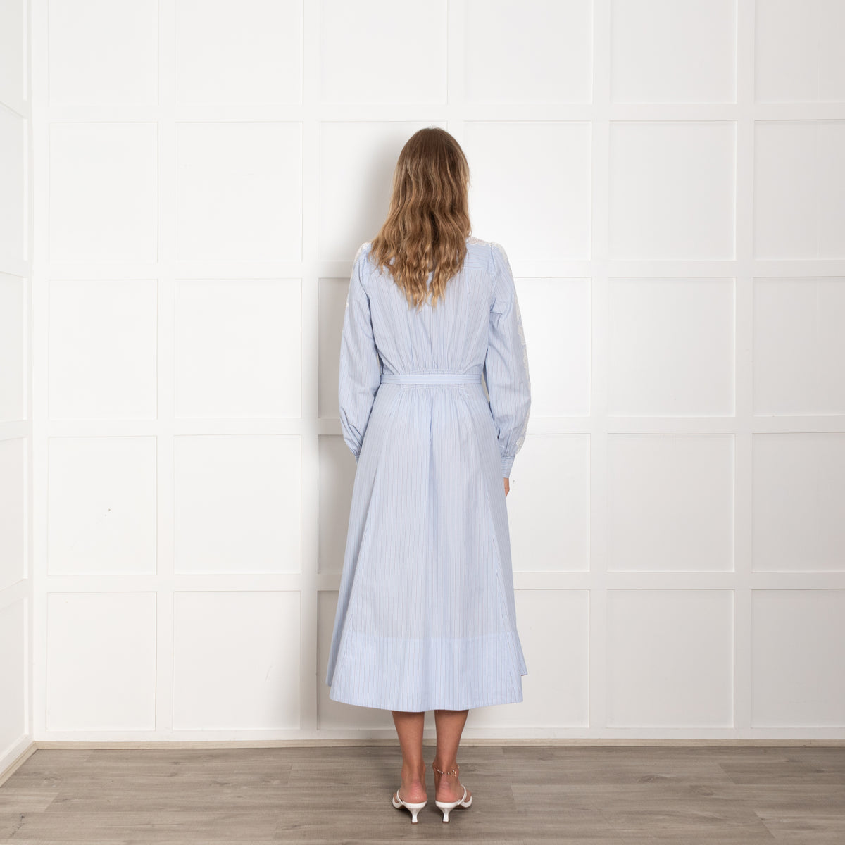 Me+Em Blue White Stripe Lace Detail Belted Shirt Dress