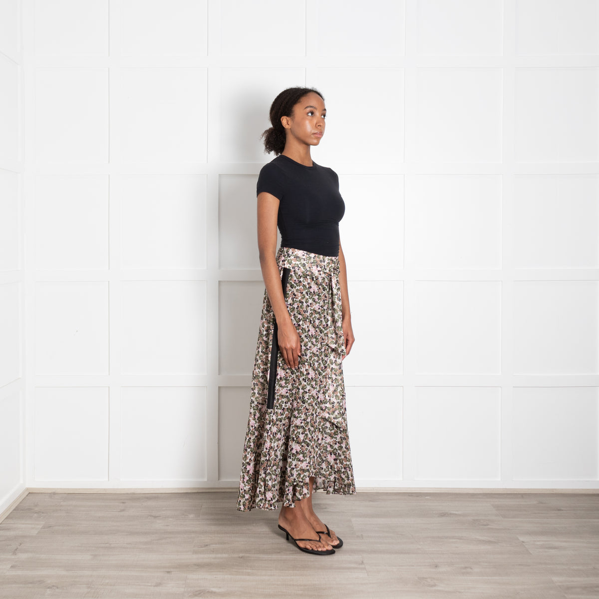 Me + Em Green Pink Brown Floral Tie Maxi Skirt