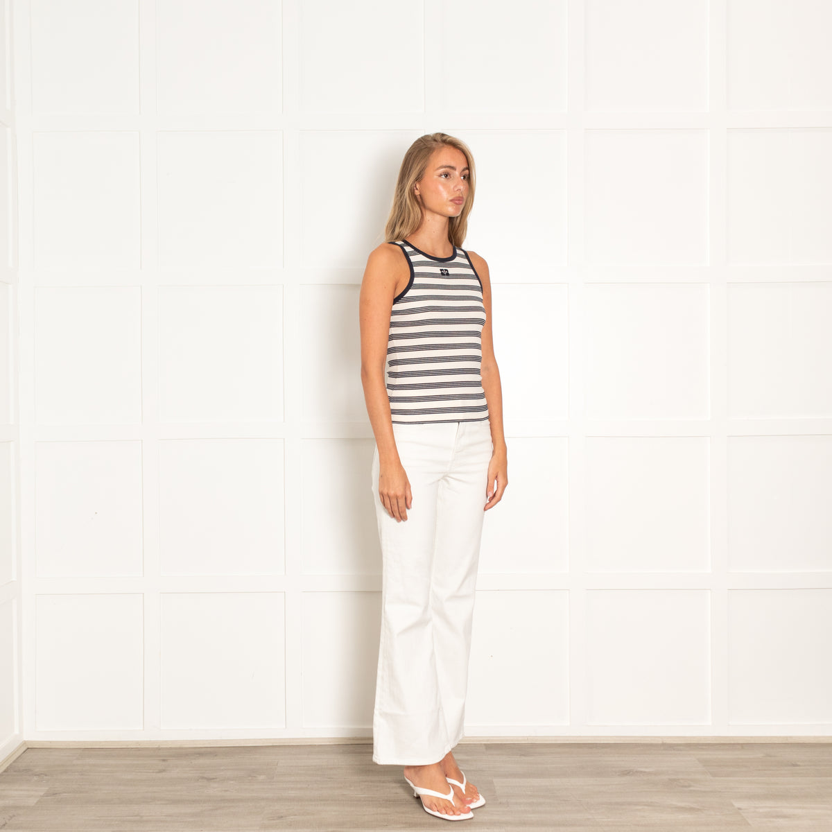 Ganni White And Navy Striped Racer Tank With Front Logo