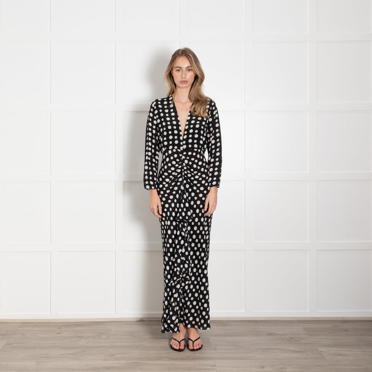 Rixo Black White Polka Dots Front Frill Detail Silk Maxi Dress