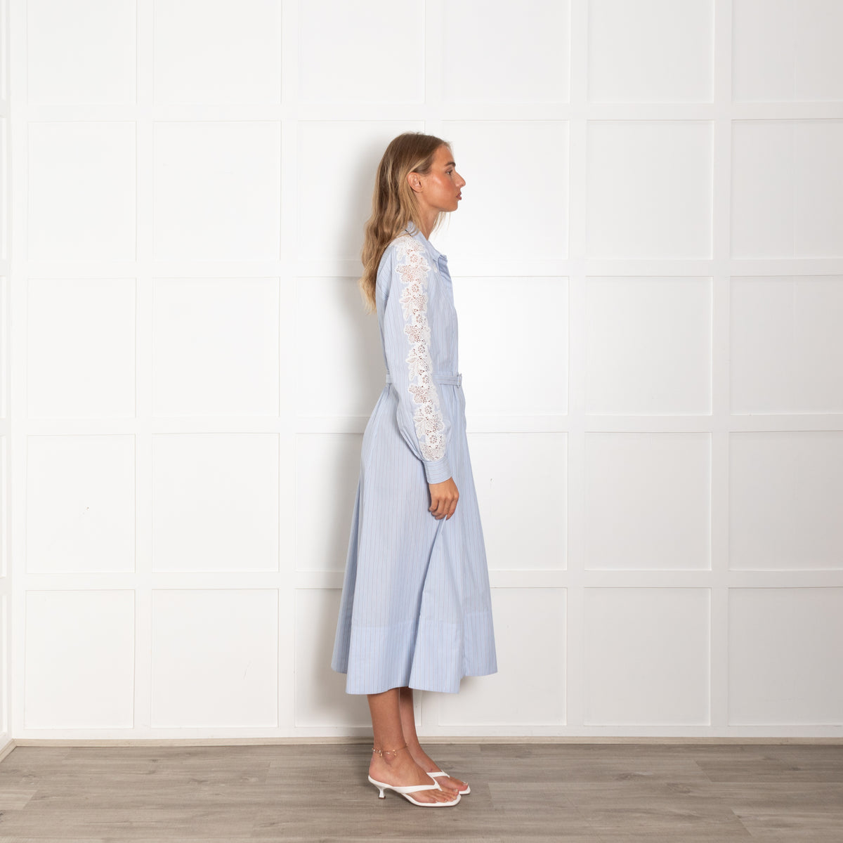Me+Em Blue White Stripe Lace Detail Belted Shirt Dress