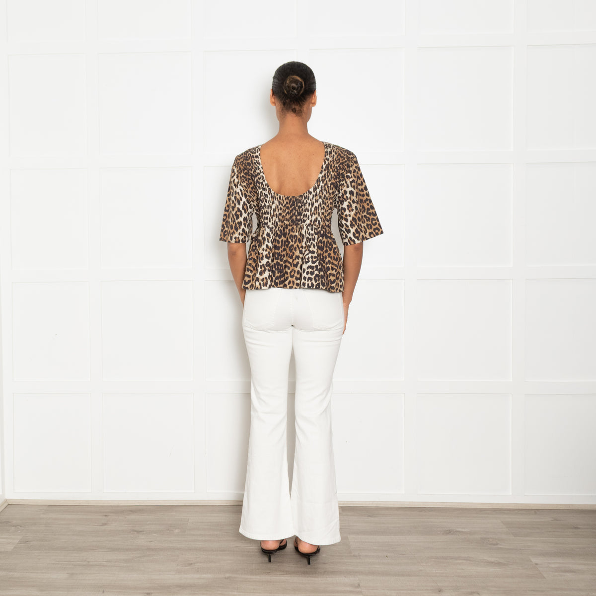 Ganni Leopard Smocked Short Sleeve Top