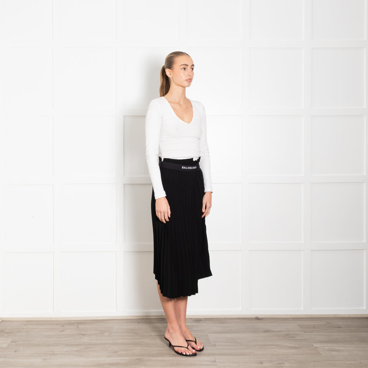 Balenciaga Black Pleated Logo Kilt Skirt