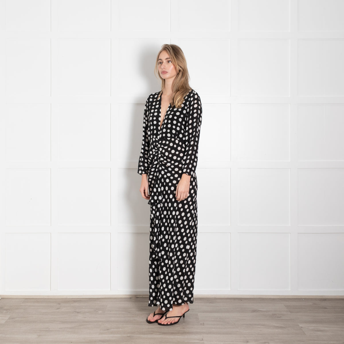 Rixo Black White Polka Dots Front Frill Detail Silk Maxi Dress