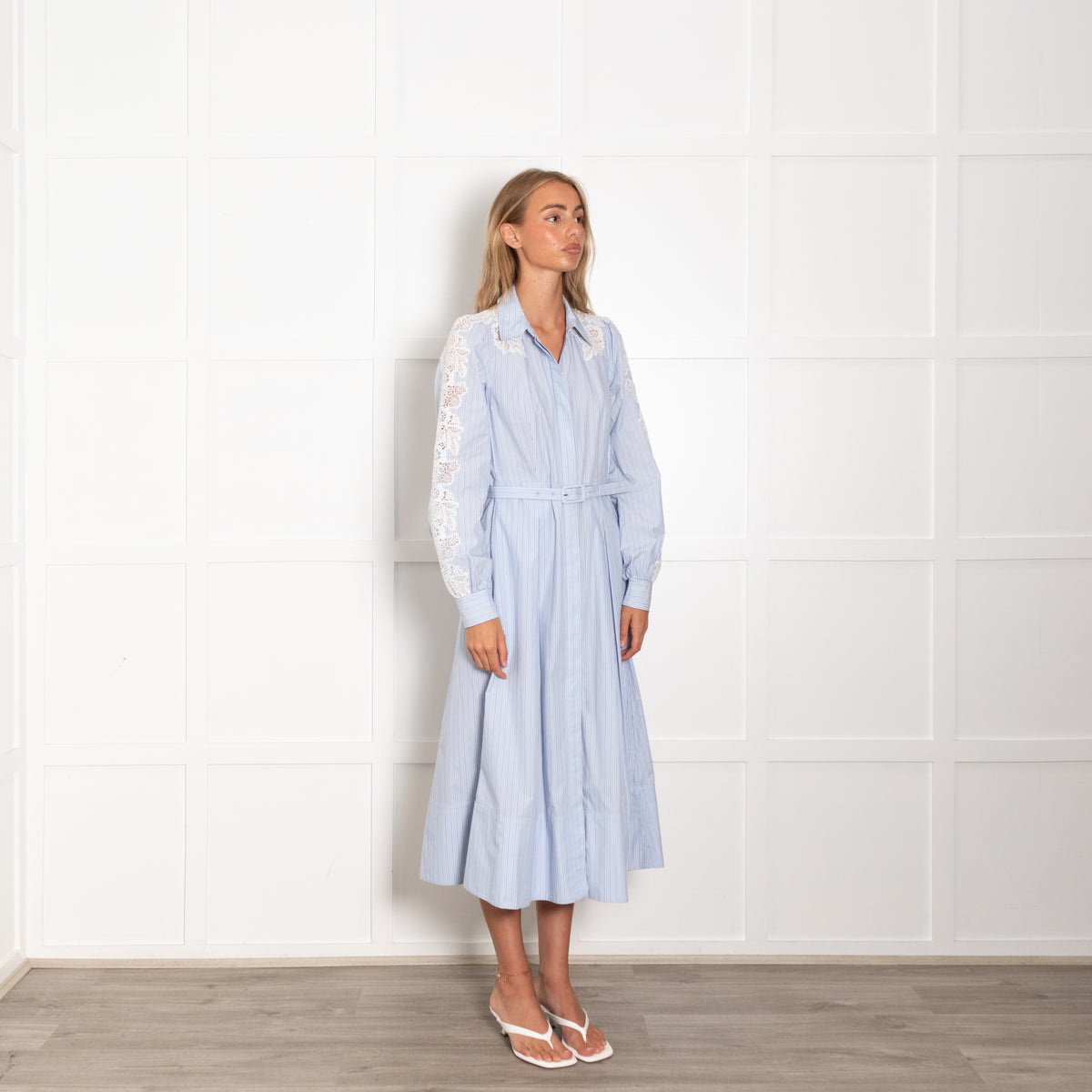 Me+Em Blue White Stripe Lace Detail Belted Shirt Dress