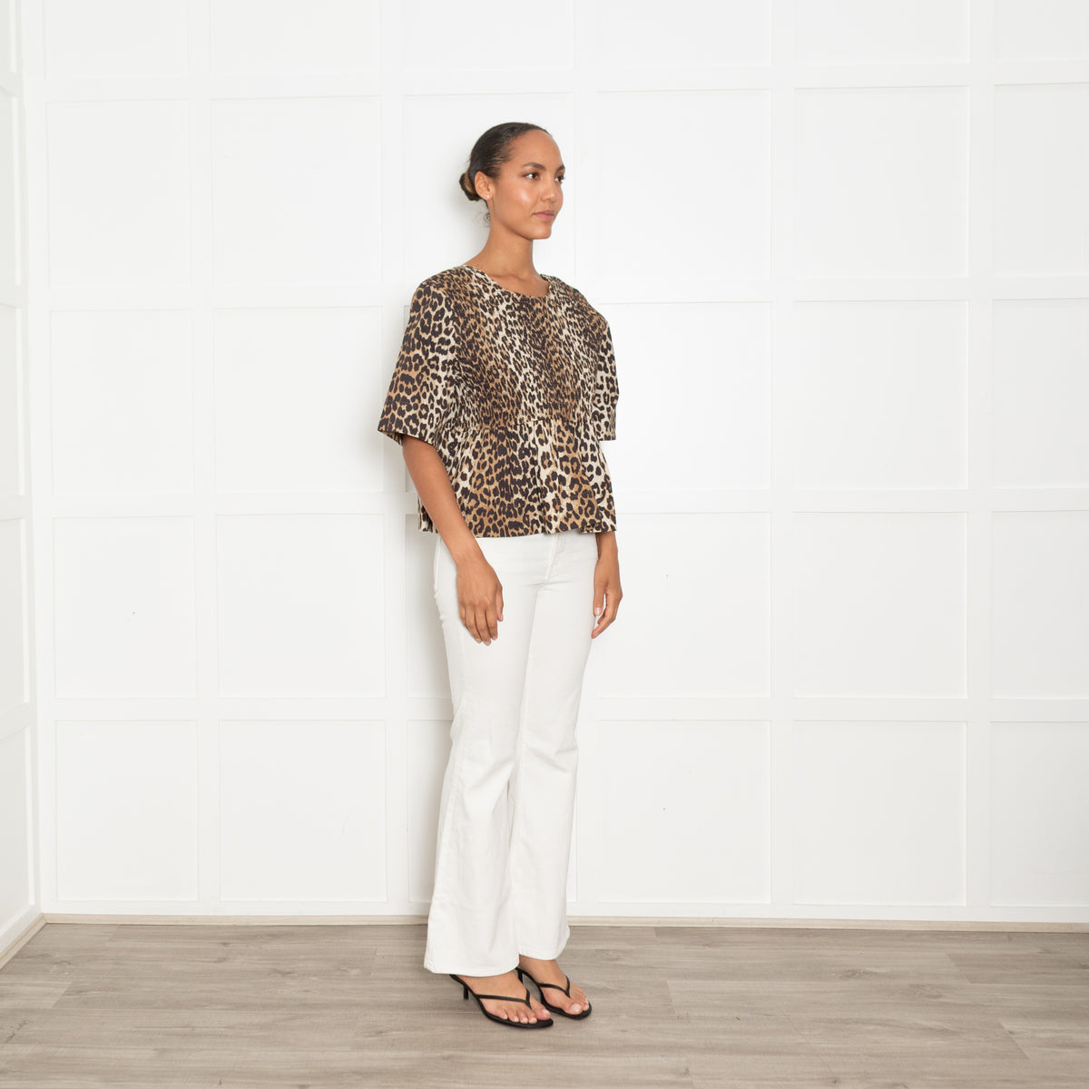 Ganni Leopard Smocked Short Sleeve Top