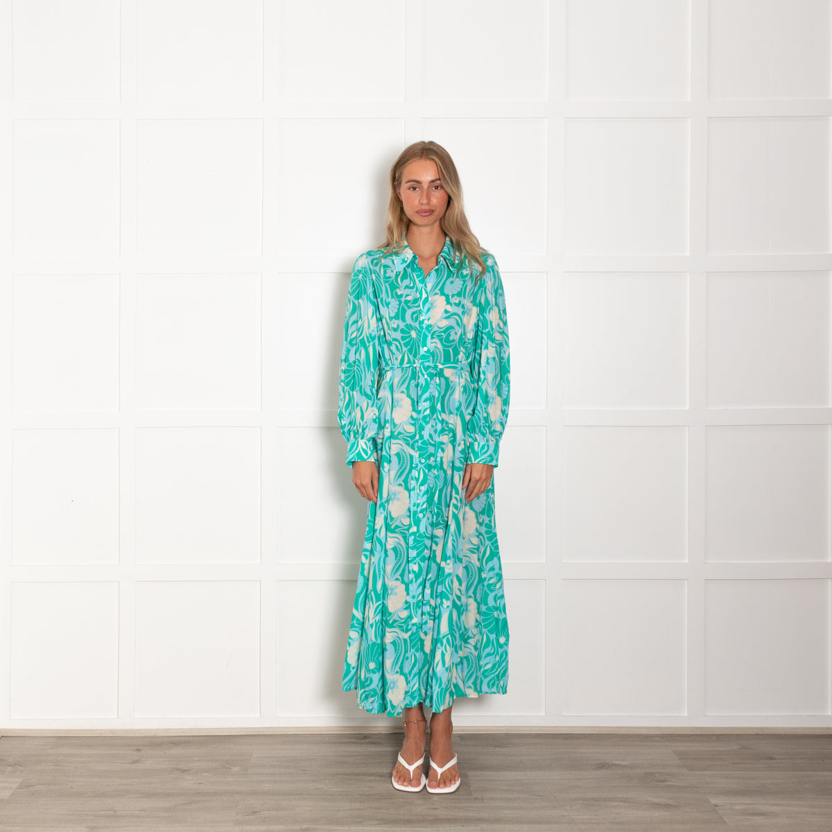 Rixo Turquoise Green Floral Long Sleeve Maxi Dress