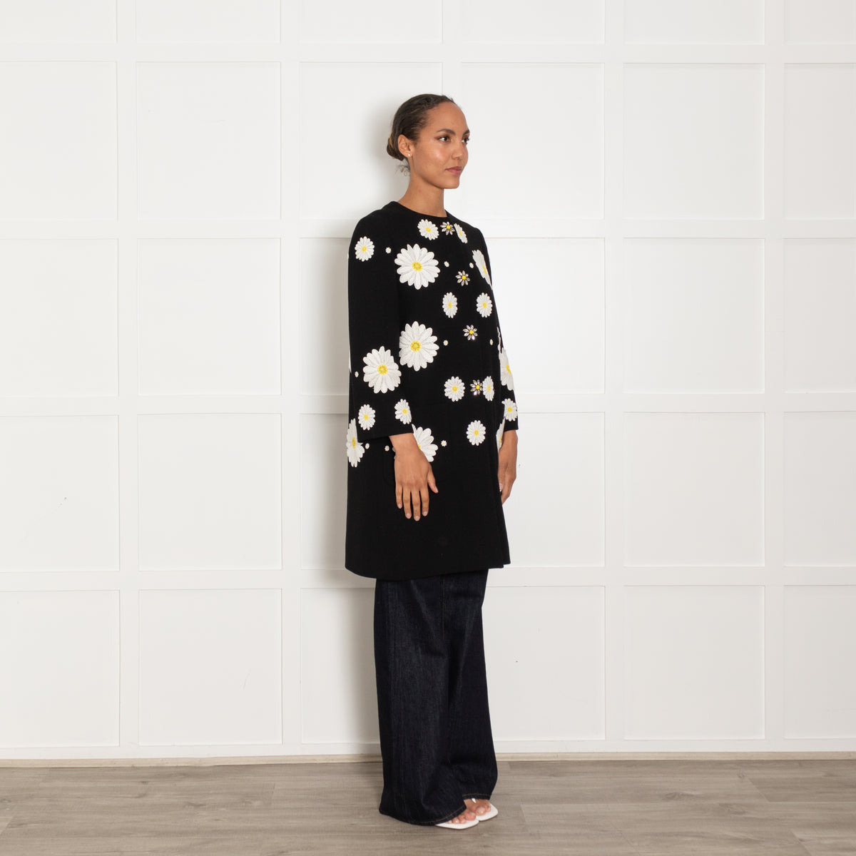 Dolce & Gabbana Black White Daisy Embellished Coat