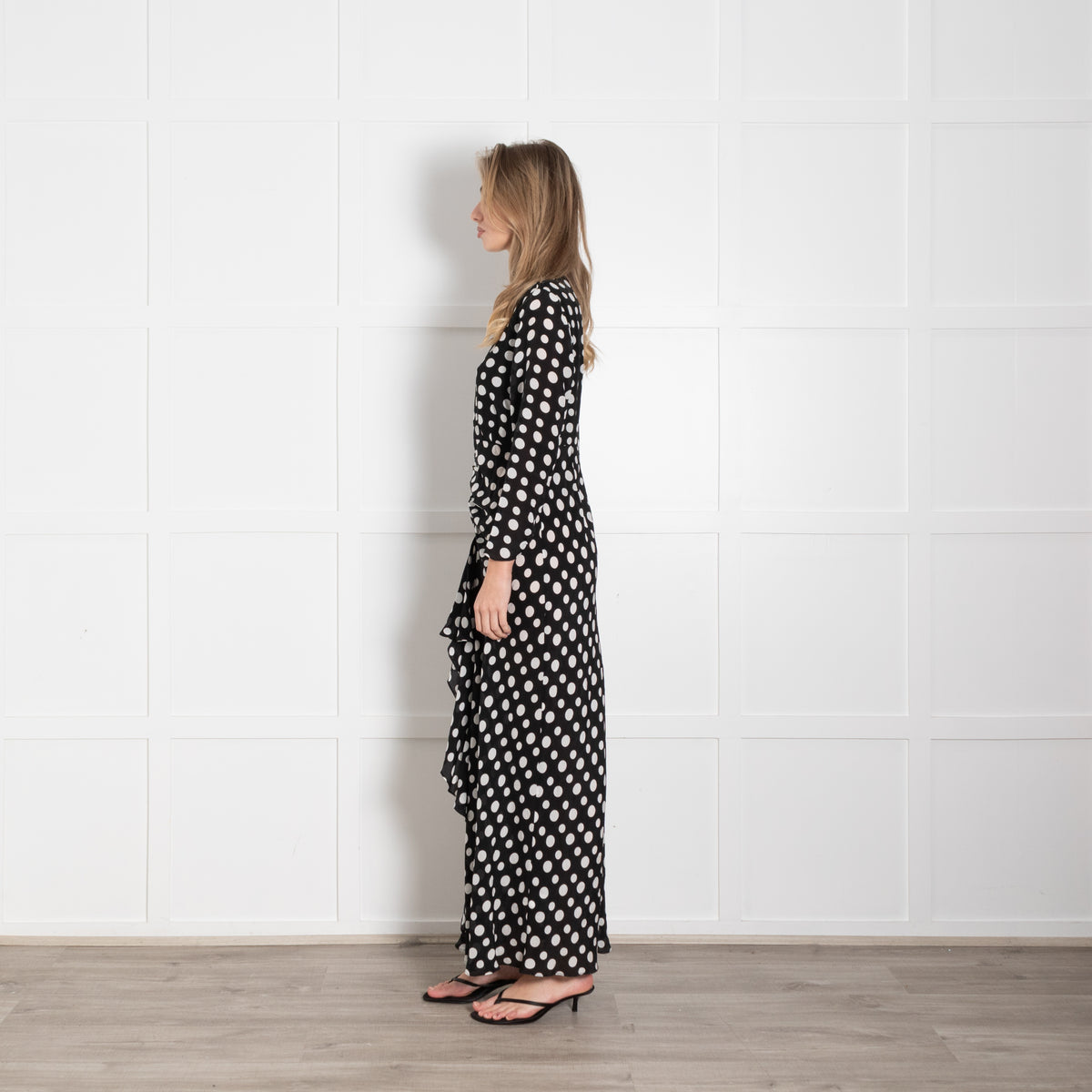 Rixo Black White Polka Dots Front Frill Detail Silk Maxi Dress
