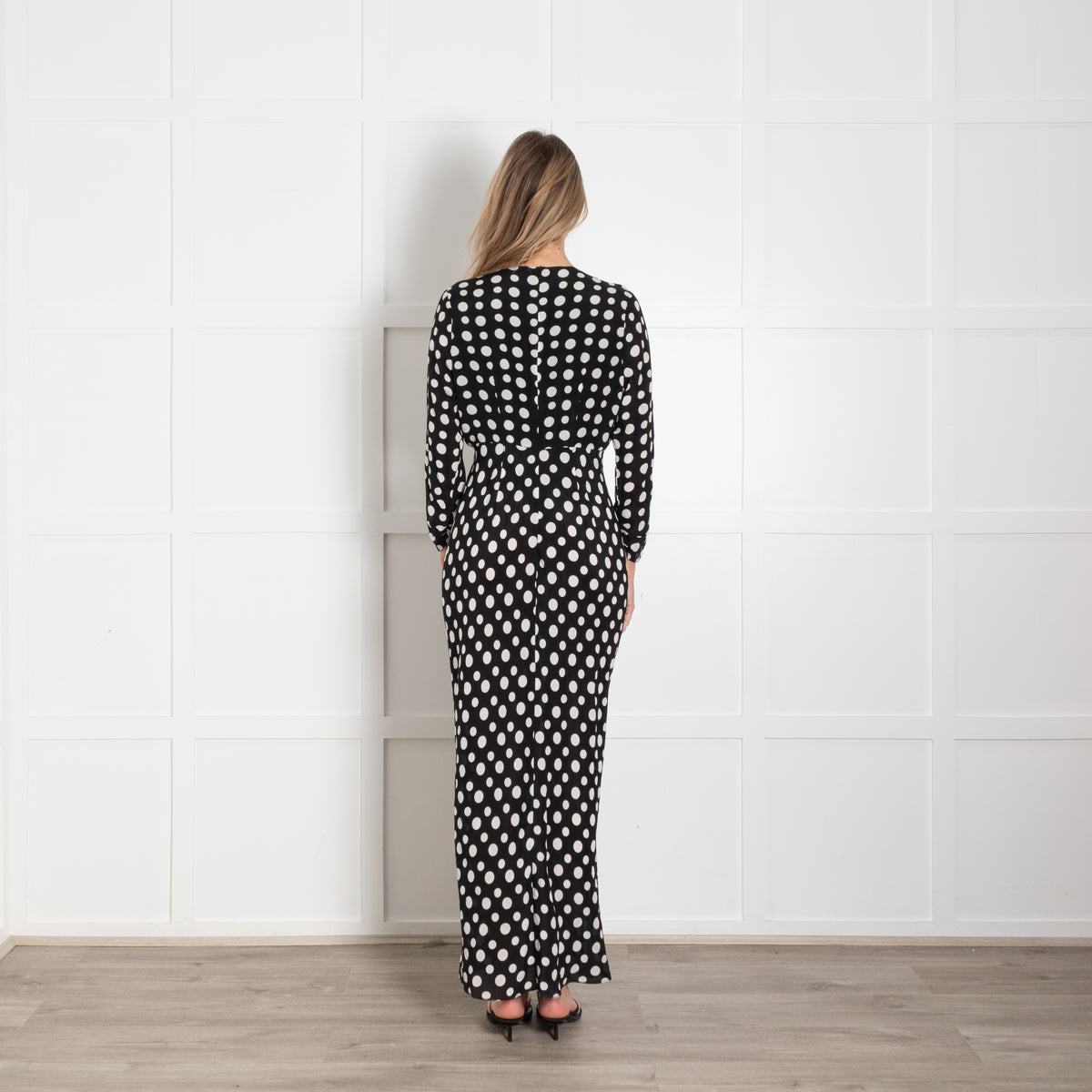 Rixo Black White Polka Dots Front Frill Detail Silk Maxi Dress