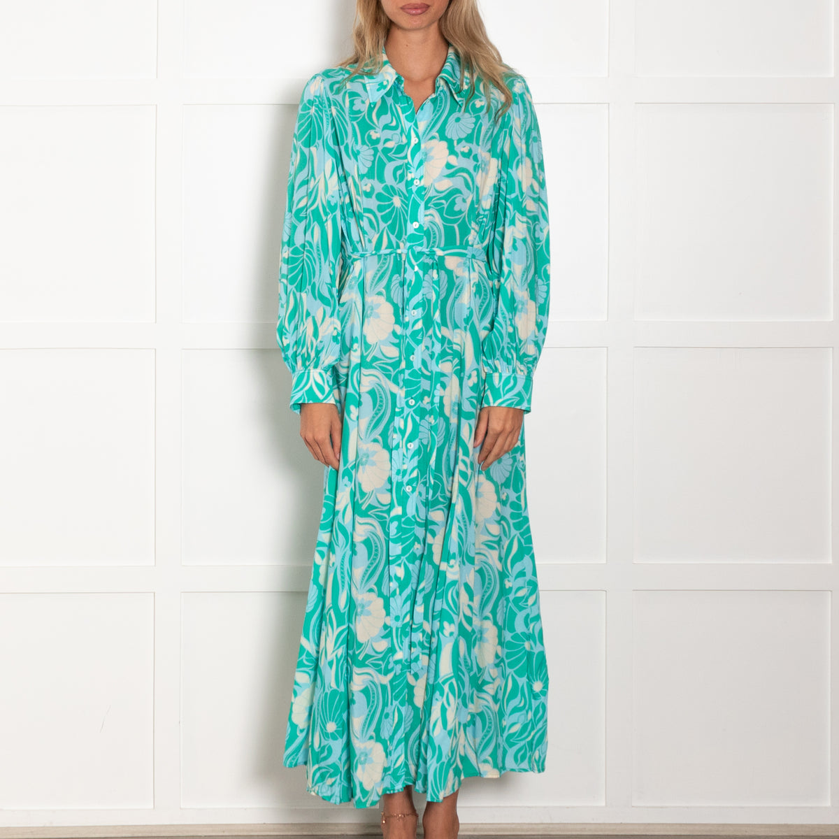 Rixo Turquoise Green Floral Long Sleeve Maxi Dress