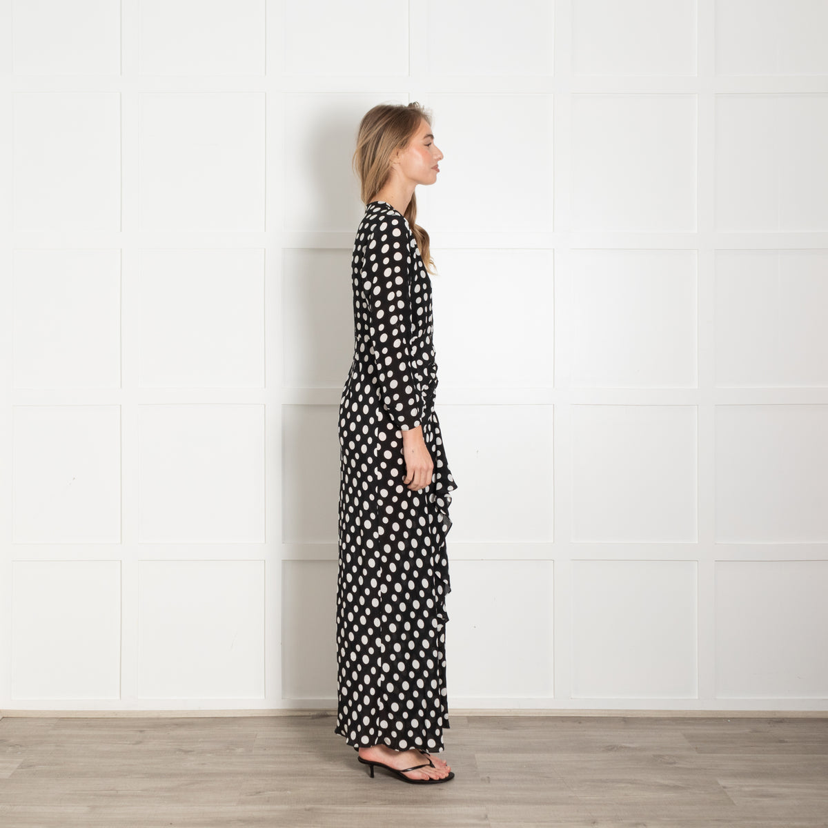 Rixo Black White Polka Dots Front Frill Detail Silk Maxi Dress
