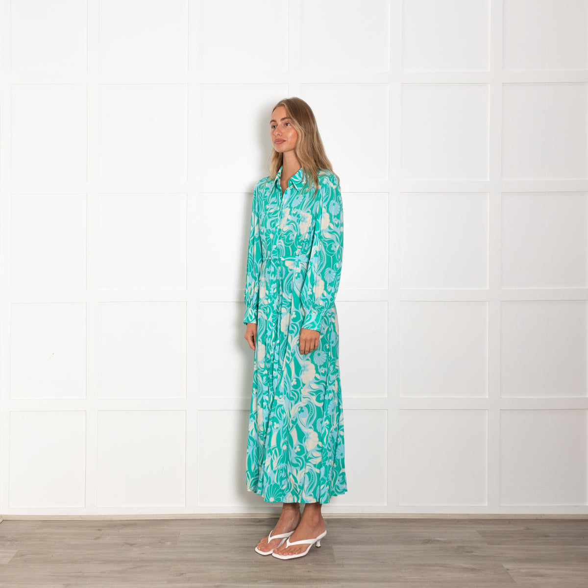 Rixo Turquoise Green Floral Long Sleeve Maxi Dress