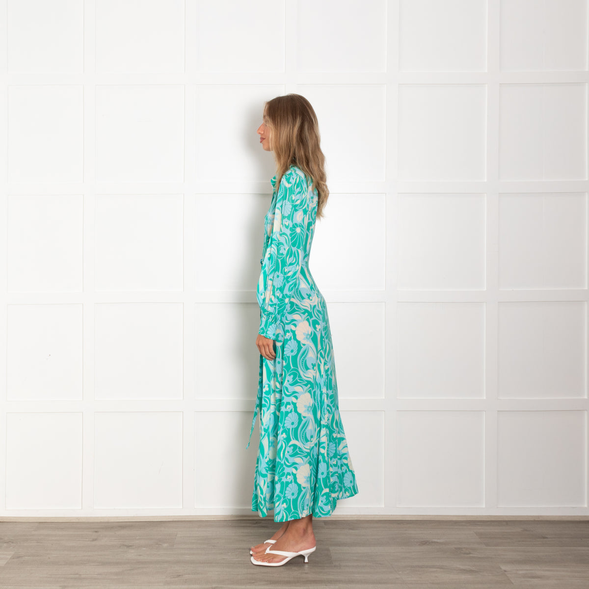 Rixo Turquoise Green Floral Long Sleeve Maxi Dress
