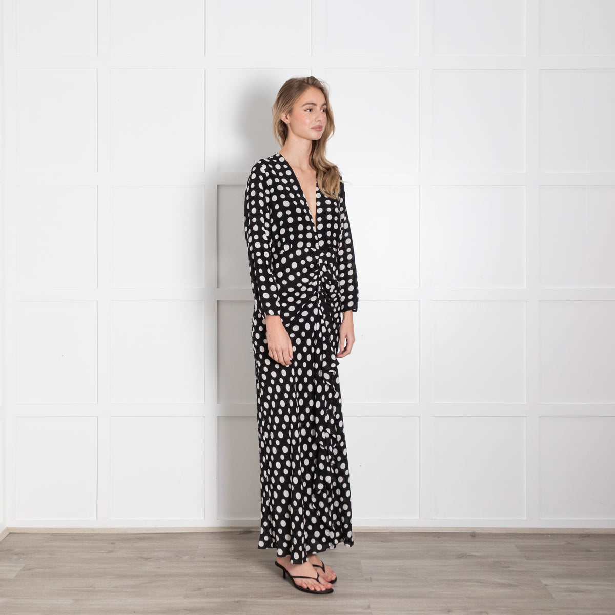 Rixo Black White Polka Dots Front Frill Detail Silk Maxi Dress