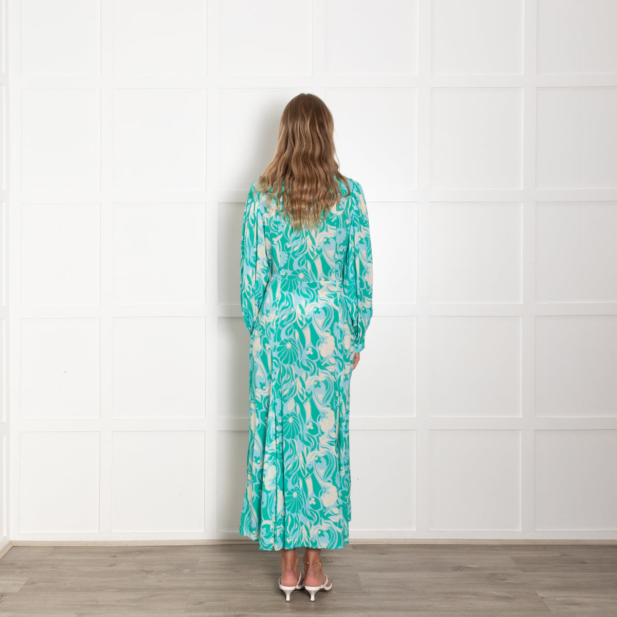 Rixo Turquoise Green Floral Long Sleeve Maxi Dress