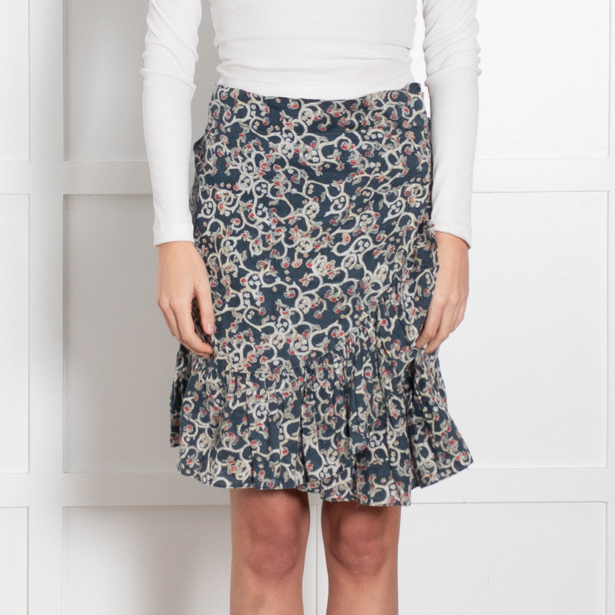 Isabel Marant Etoile Teal White Print Linen Frill Trim Wrap Mini Skirt