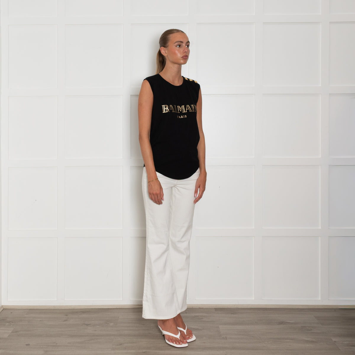 Balmain Sleeveless Gold Logo T-Shirt