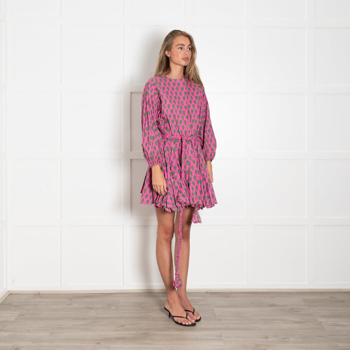 Rhode Resort Pink Green Floral Print Belted Sleeved Dress