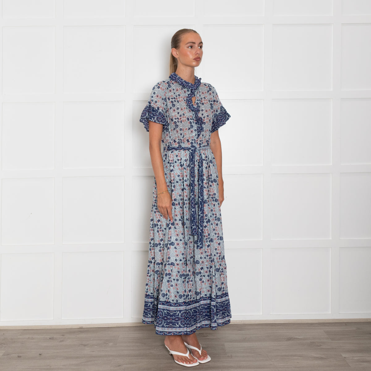 Mille Pale Blue Pink Floral Cotton Short Sleeve Maxi Dress