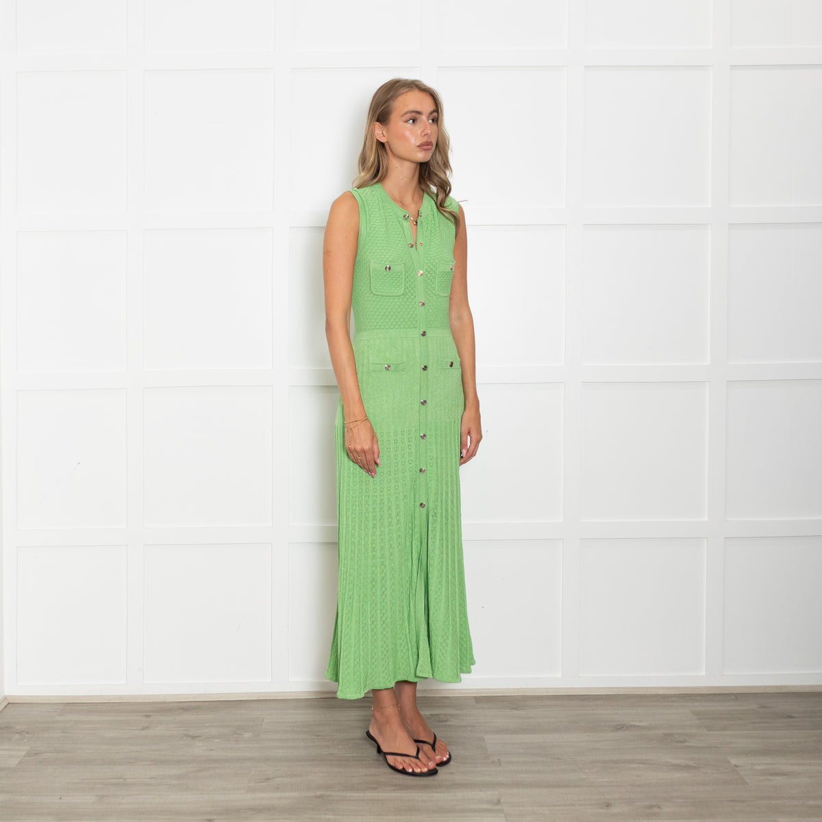 Sandro Green Lurex Knit Midi Dress with Gold Buttons