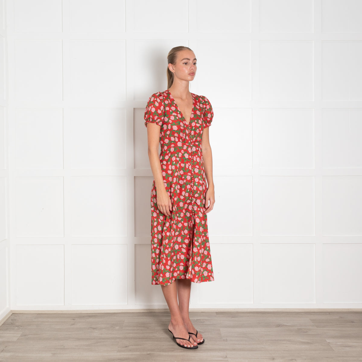 The Kooples Red Pink Green Floral Front Button Midi Dress