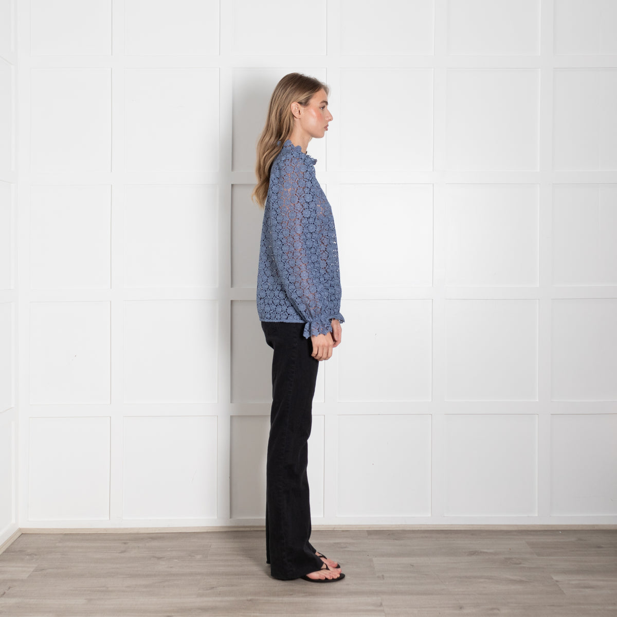 Sezane Blue Lace Ruffle Neck Top