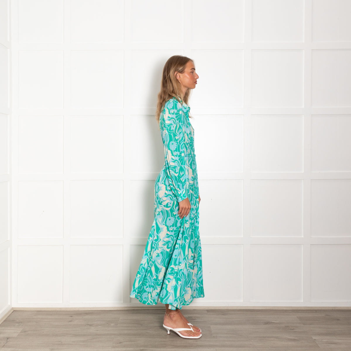 Rixo Turquoise Green Floral Long Sleeve Maxi Dress