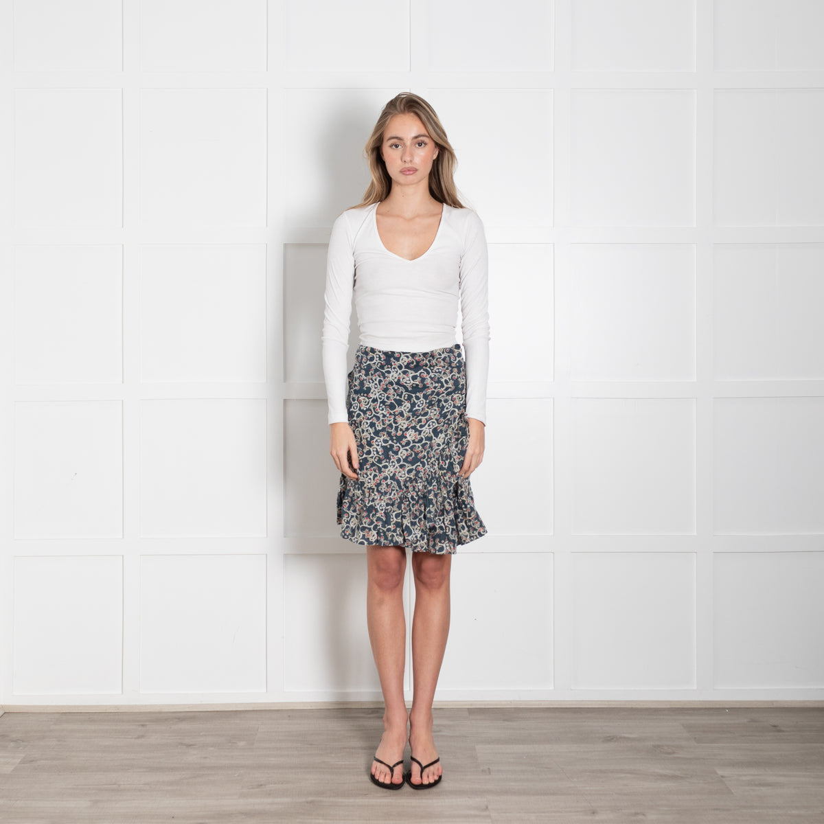 Isabel Marant Etoile Teal White Print Linen Frill Trim Wrap Mini Skirt