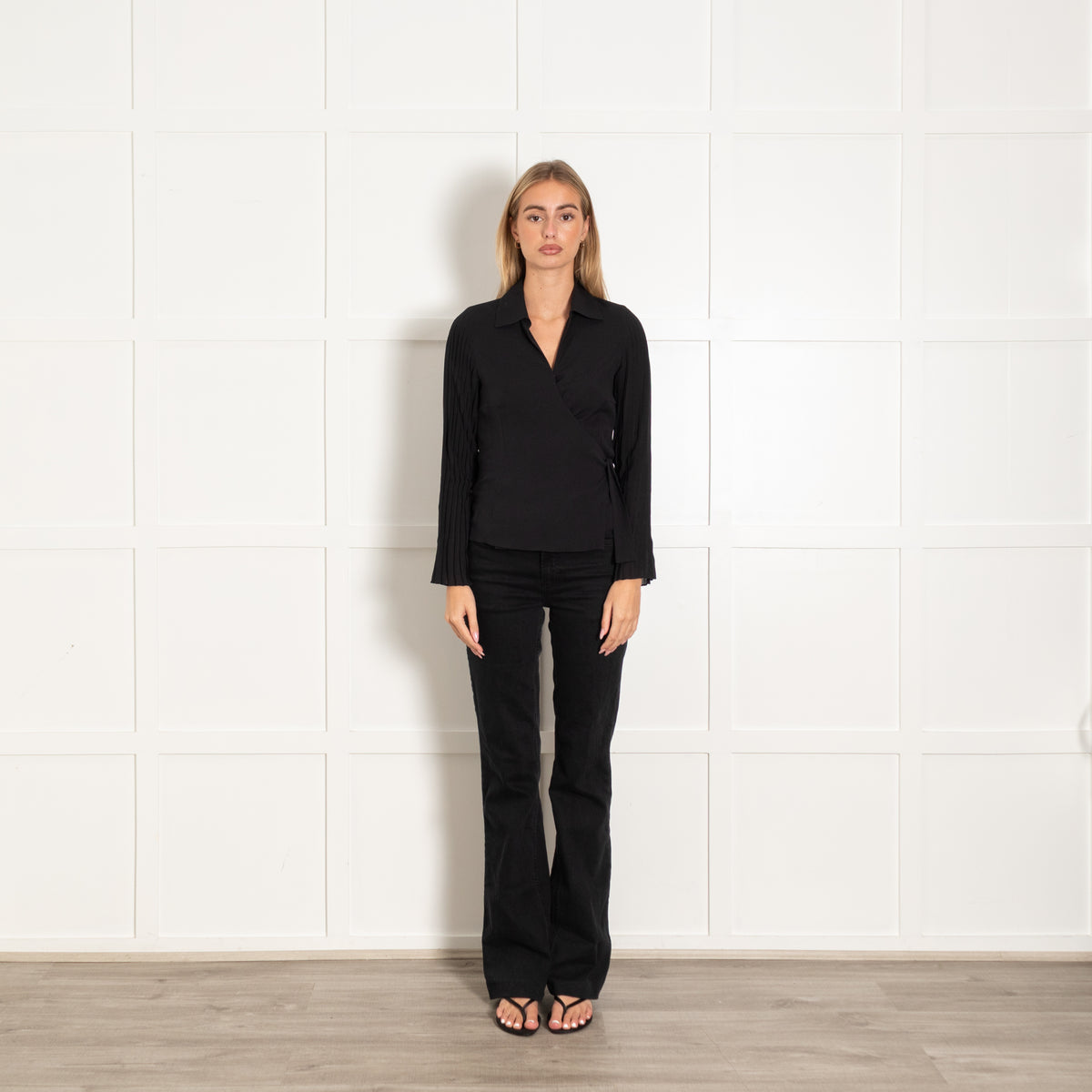 Akris Black Silk Pleated Sleeve Wrap Blouse